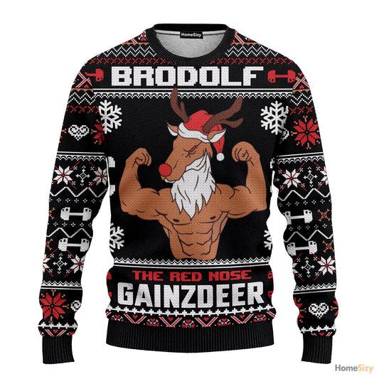 Animal Brodolf The Red Nose Gainzdeer Gym Ugly Christmas Sweater - Gift for Dad, Grandpa, Husband